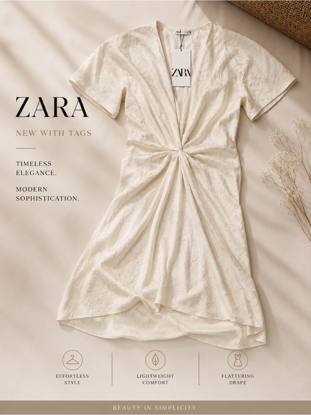 ZARA Cream Knot-Front Midi Dress